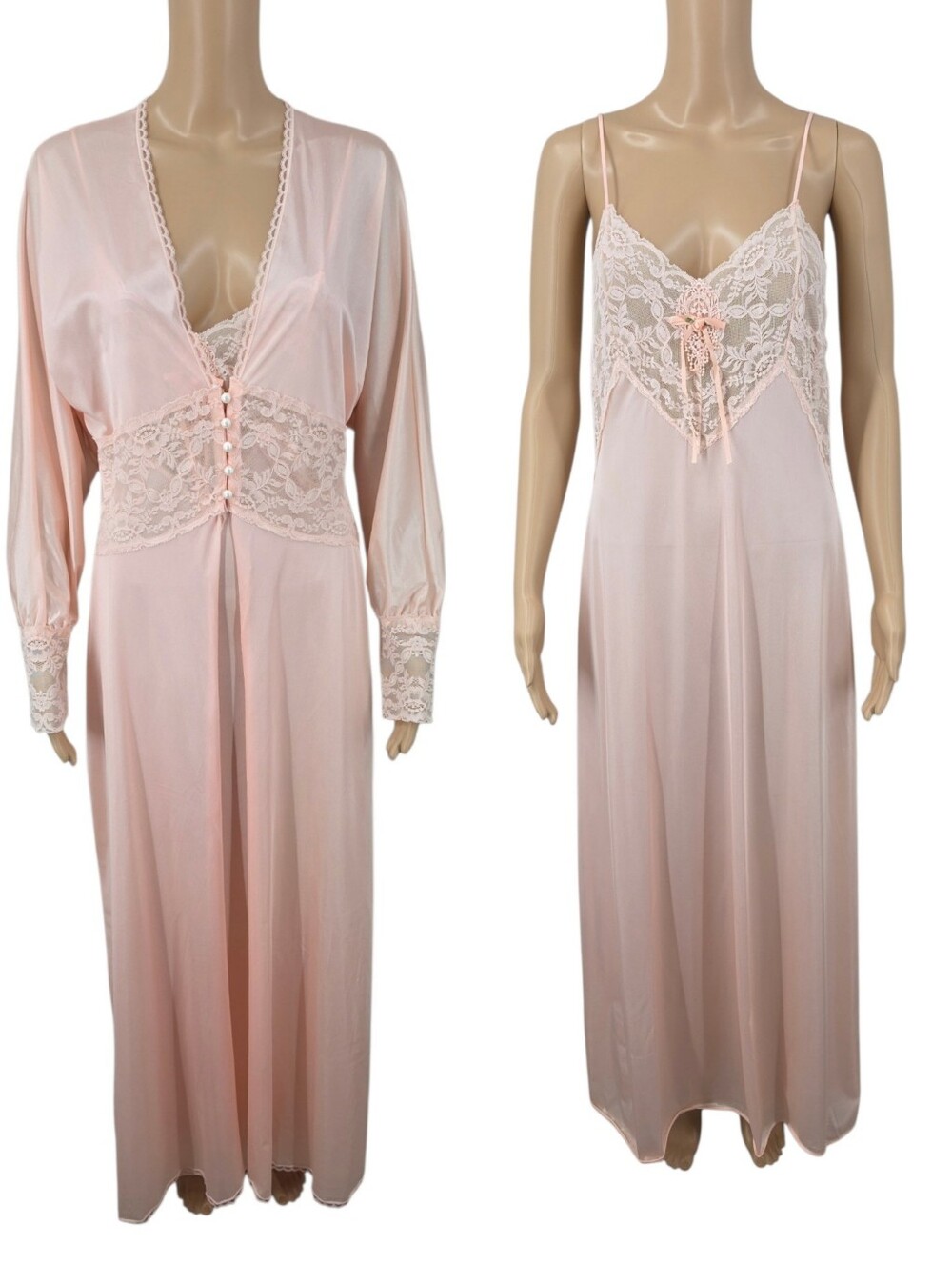 Vintage Peach Lace-Trim Maxi Slip Dress Nightgown and Matching Robe Peignoir Set